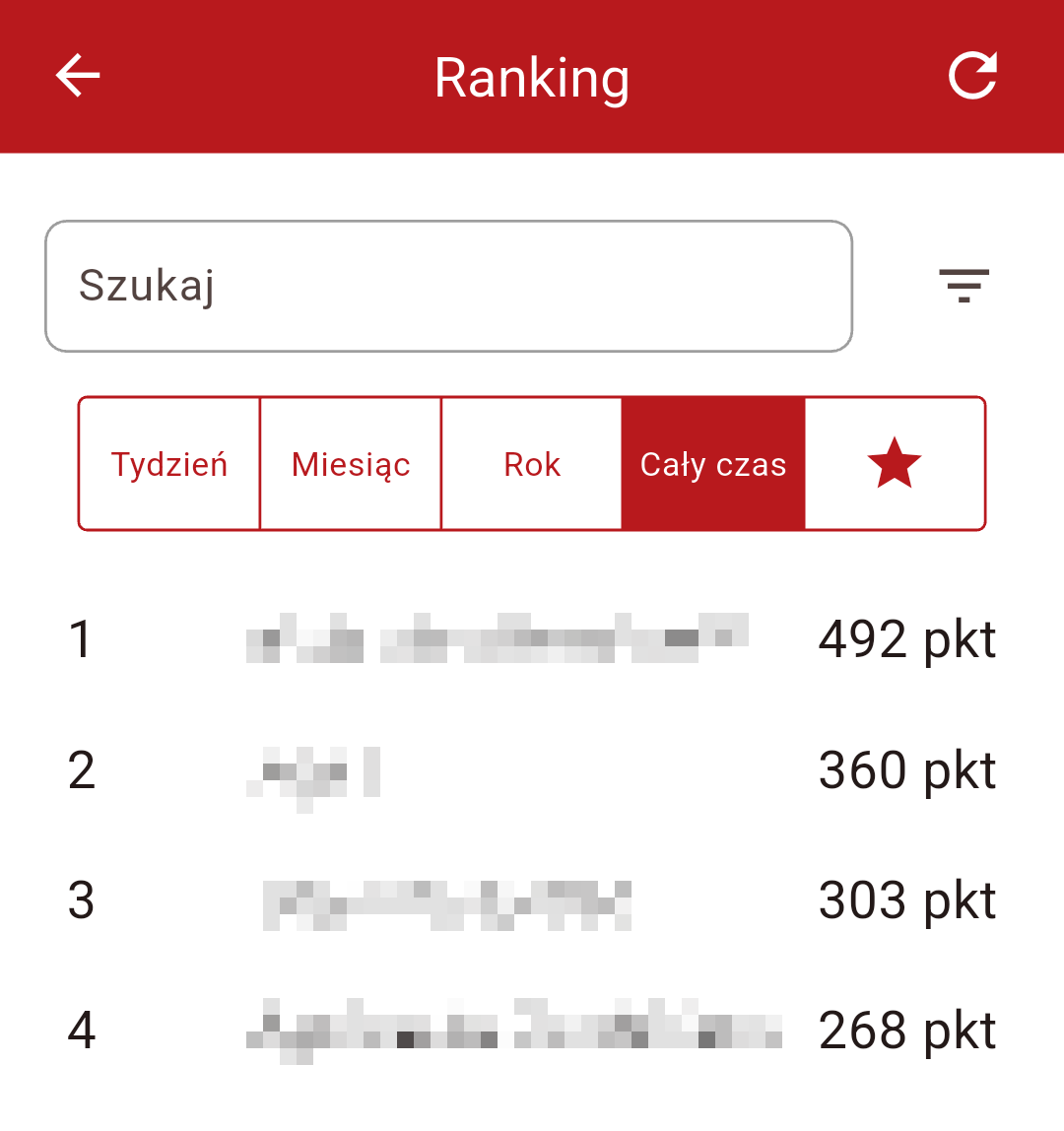 Screenshot z aplikacji z rankingiem poszukiwaczy